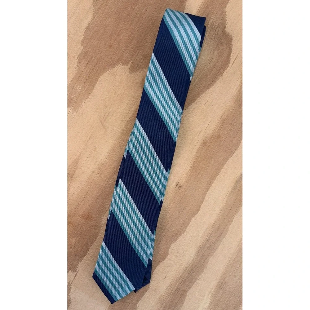 J Crew Crewcuts 100% Silk Necktie Tie‎ Teal Navy Blue Striped Skinny 2 1/2 x 52